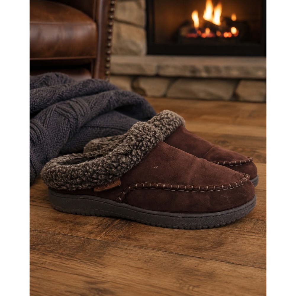Dearfoams Mens Brown Faux Fur Lined Moccasin Clog Slippers Size S 7-8 RN2181